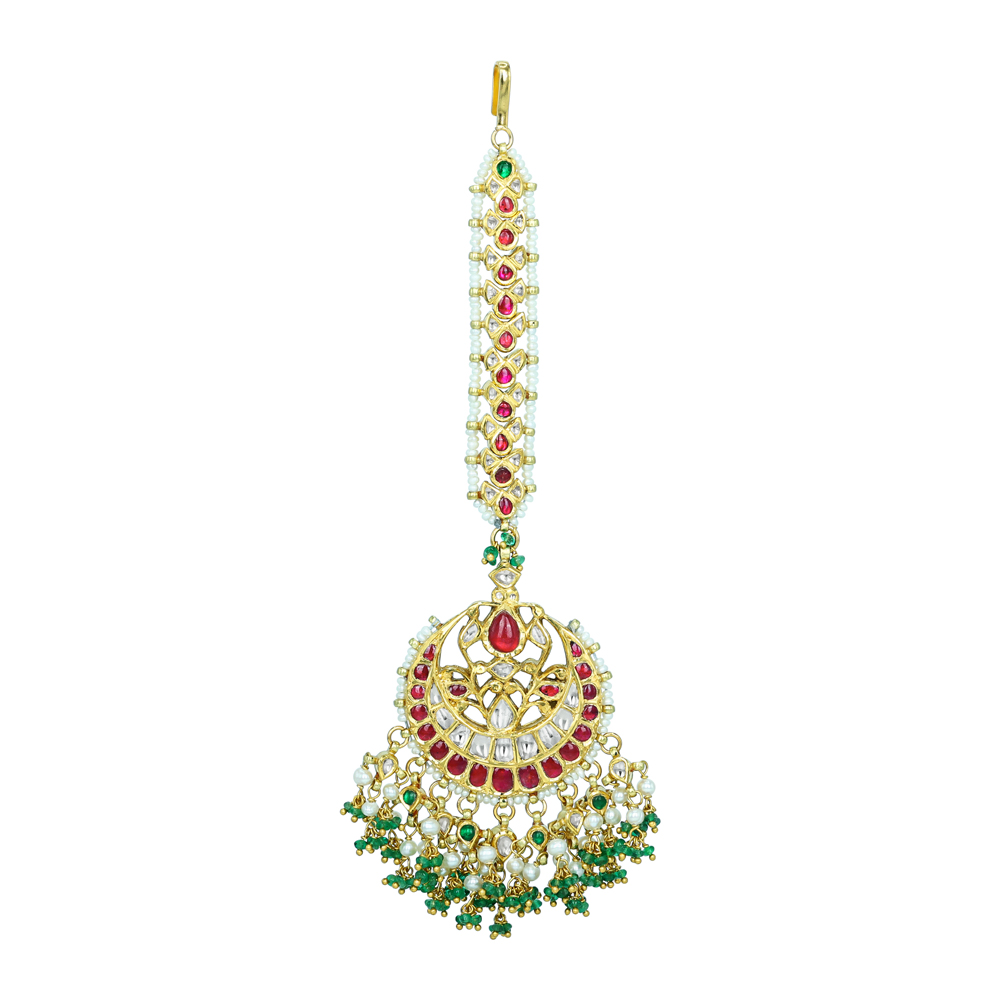 Red and Green Gemstone Mangtikka with Pearl Strands and Drops